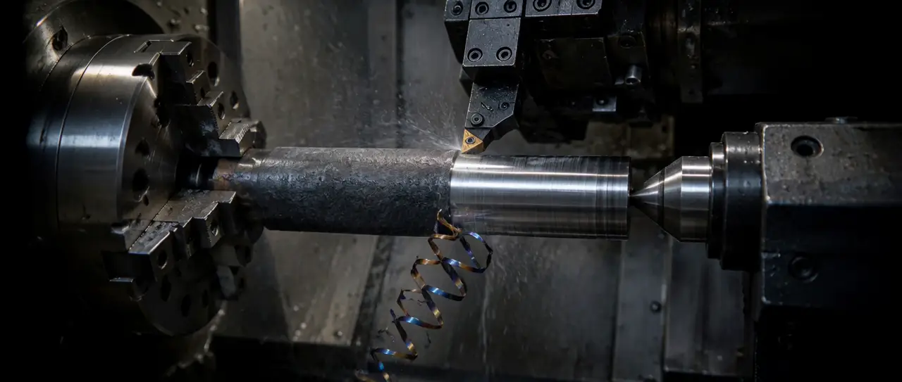 Torno CNC usinando um eixo de aço entre a placa e o contraponto rotativo